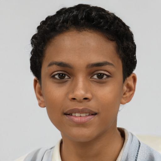 Joyful latino young-adult female with short  black hair and brown eyes