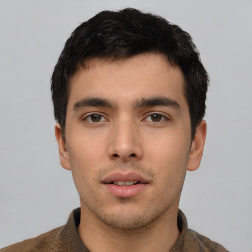 Neutral asian young-adult male with short  black hair and brown eyes