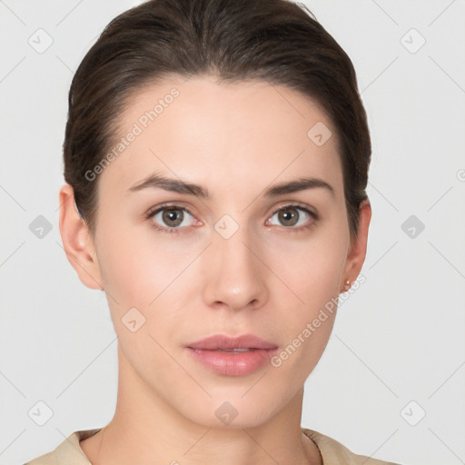 Neutral white young-adult female with short  brown hair and brown eyes