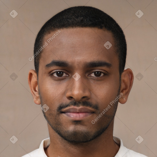 Neutral black young-adult male with short  black hair and brown eyes