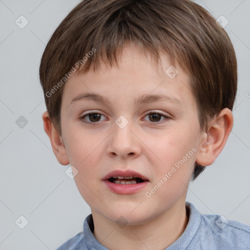 Joyful white child male with short  brown hair and brown eyes