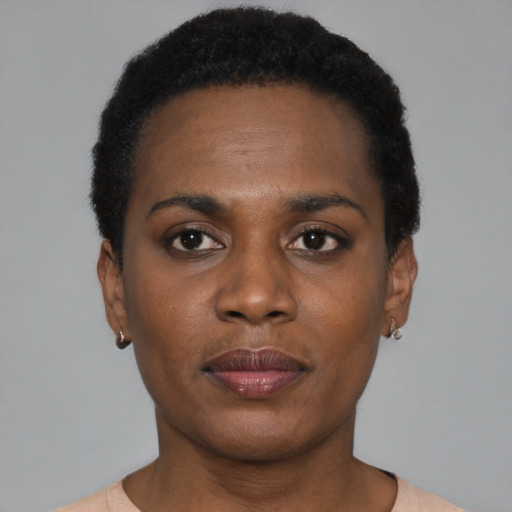 Neutral black young-adult female with short  black hair and brown eyes