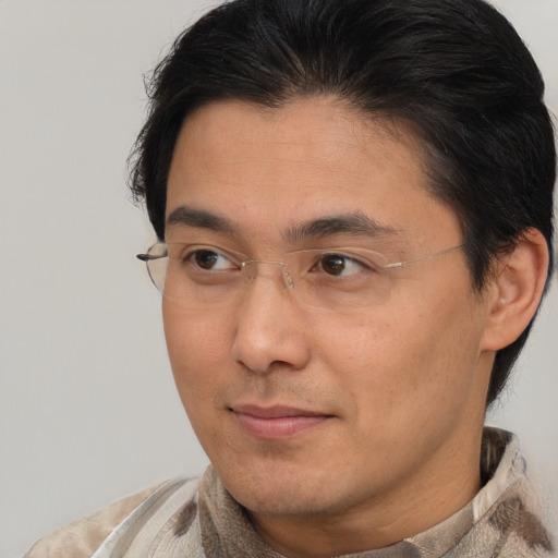 Neutral asian adult male with short  brown hair and brown eyes