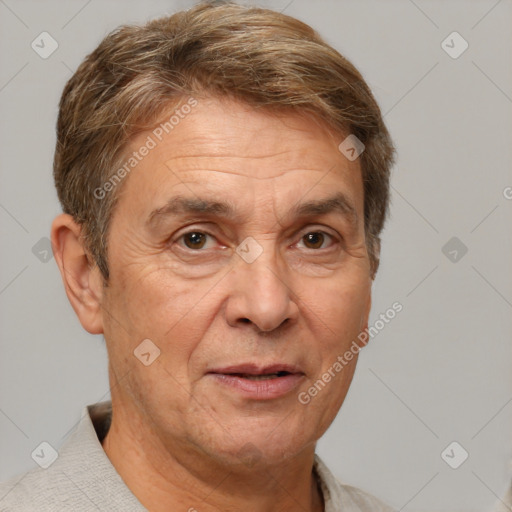 Joyful white middle-aged male with short  brown hair and brown eyes