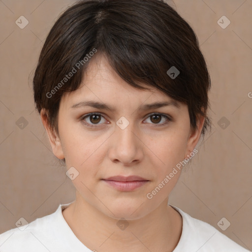 Neutral white young-adult female with medium  brown hair and brown eyes