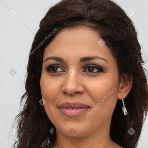 Joyful latino young-adult female with long  brown hair and brown eyes
