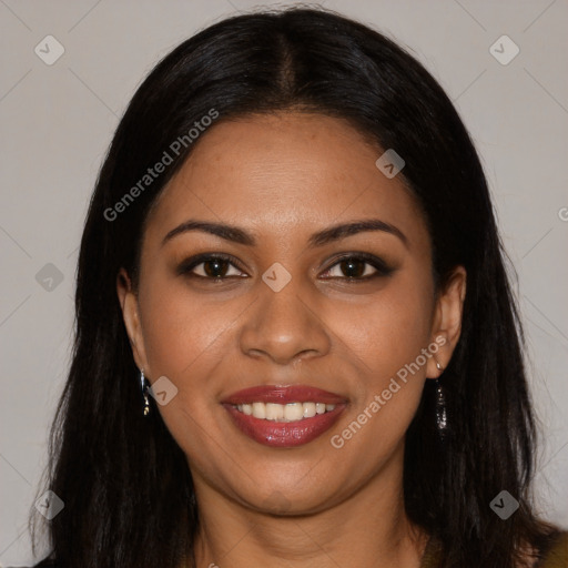 Joyful latino young-adult female with long  brown hair and brown eyes