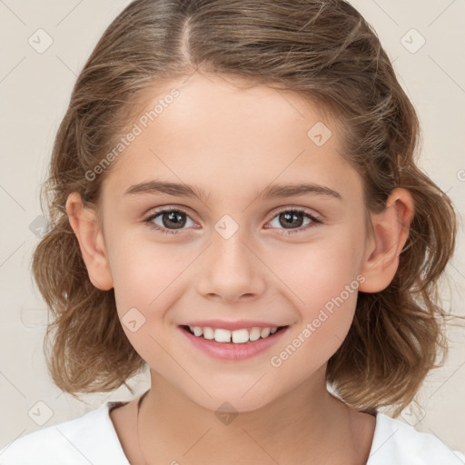 Joyful white child female with medium  brown hair and brown eyes