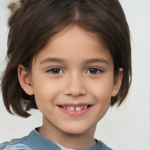 Joyful white child female with medium  brown hair and brown eyes