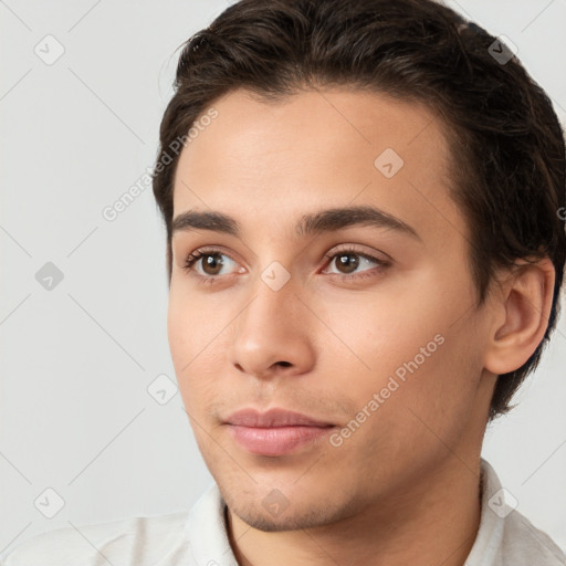 Neutral white young-adult male with short  brown hair and brown eyes