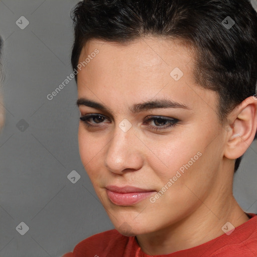 Joyful white young-adult female with short  brown hair and brown eyes