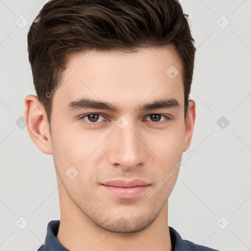 Neutral white young-adult male with short  brown hair and brown eyes