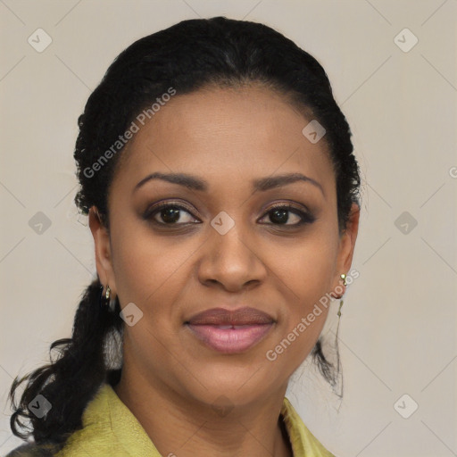 Joyful black young-adult female with medium  black hair and brown eyes