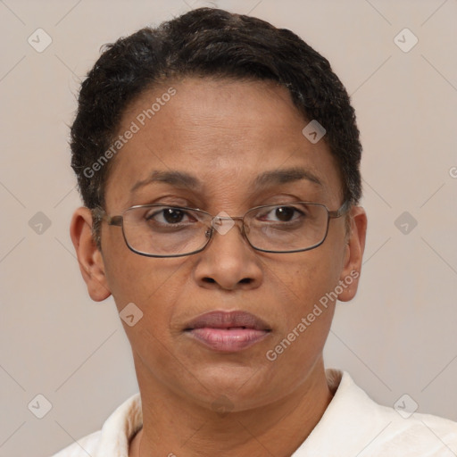 Joyful black adult female with short  brown hair and brown eyes