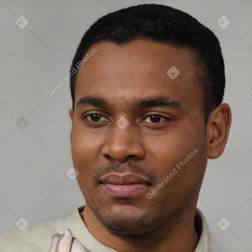 Neutral latino young-adult male with short  black hair and brown eyes