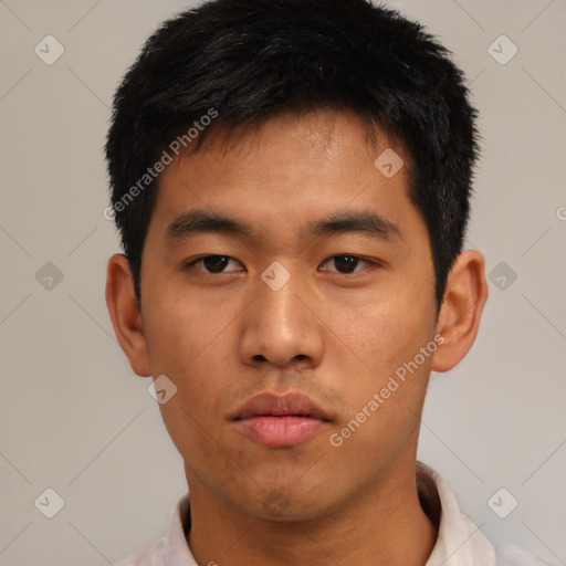 Neutral asian young-adult male with short  black hair and brown eyes