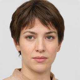 Neutral white young-adult female with short  brown hair and brown eyes