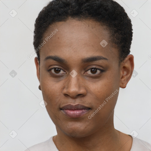 Neutral black young-adult female with short  black hair and brown eyes