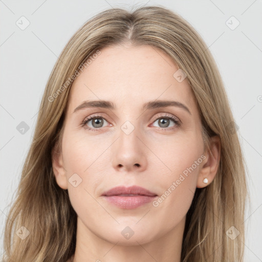 Neutral white young-adult female with long  brown hair and grey eyes