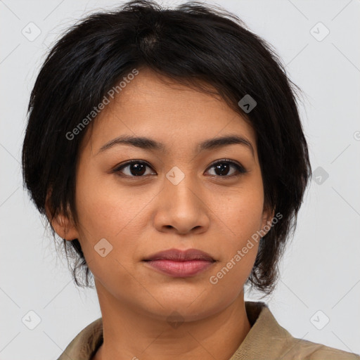 Joyful asian young-adult female with medium  brown hair and brown eyes