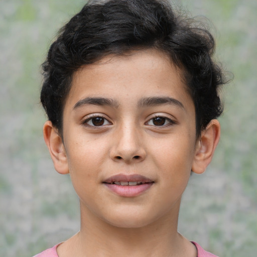 Joyful latino child female with short  brown hair and brown eyes