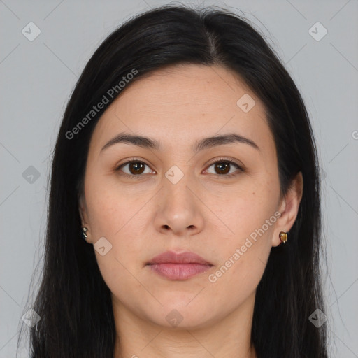 Neutral asian young-adult female with long  brown hair and brown eyes