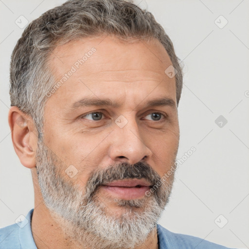 Neutral white middle-aged male with short  brown hair and brown eyes