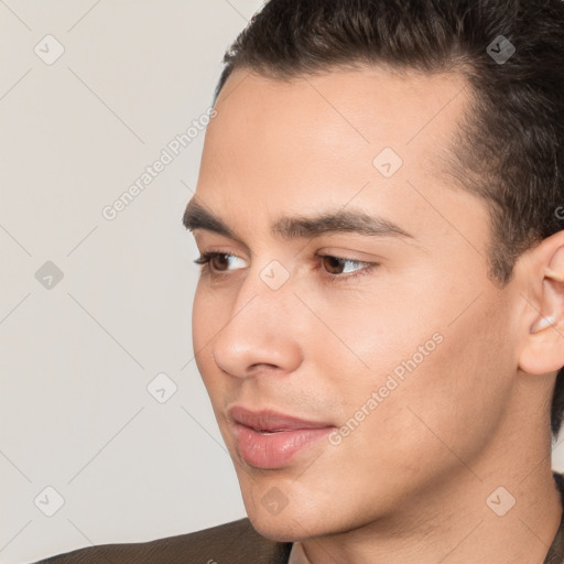 Neutral white young-adult male with short  brown hair and brown eyes