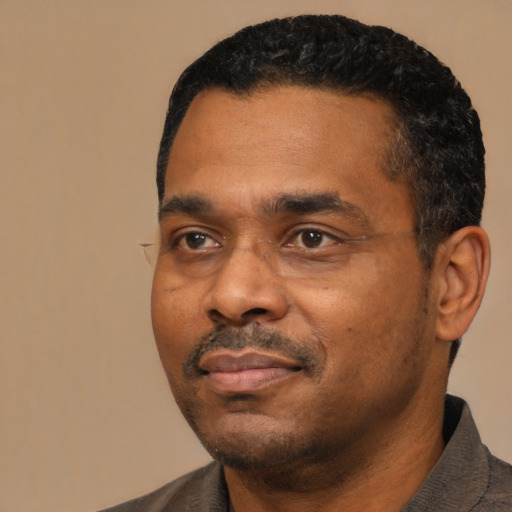 Neutral black adult male with short  black hair and brown eyes