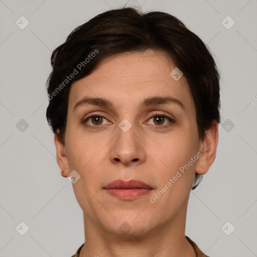 Neutral white young-adult female with short  brown hair and brown eyes