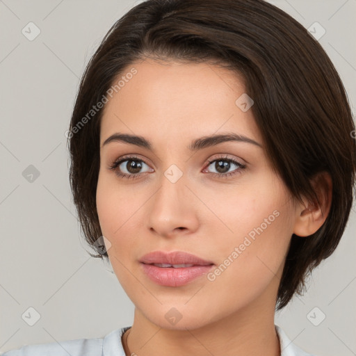 Neutral white young-adult female with medium  brown hair and brown eyes