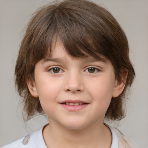 Joyful white child female with medium  brown hair and brown eyes