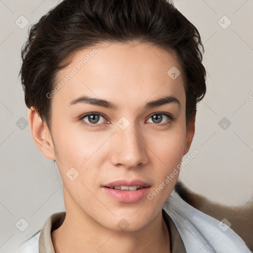 Neutral white young-adult female with short  brown hair and brown eyes