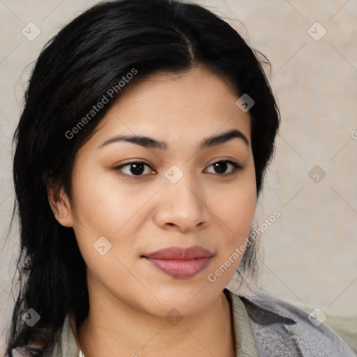 Joyful asian young-adult female with medium  black hair and brown eyes