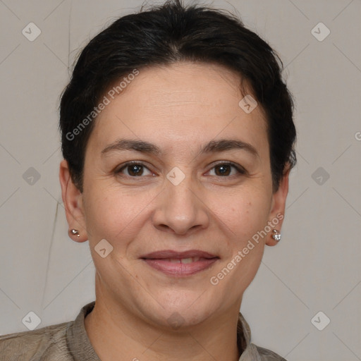 Joyful white adult female with short  brown hair and brown eyes