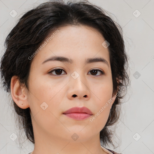 Neutral asian young-adult female with medium  brown hair and brown eyes