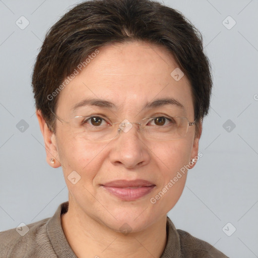 Joyful white adult female with short  brown hair and grey eyes