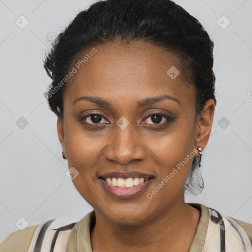 Joyful latino young-adult female with short  black hair and brown eyes