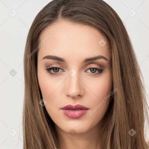 Neutral white young-adult female with long  brown hair and brown eyes