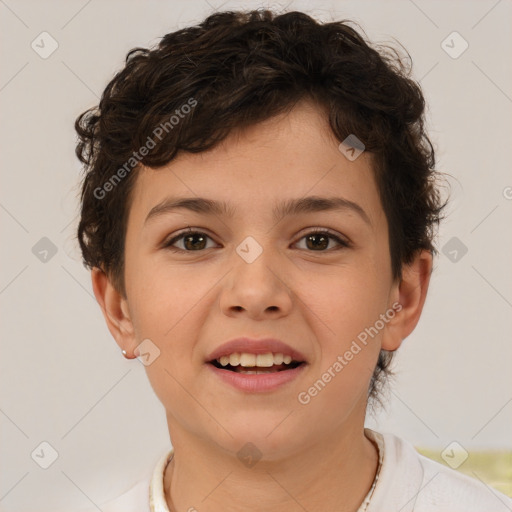 Joyful white child female with short  brown hair and brown eyes