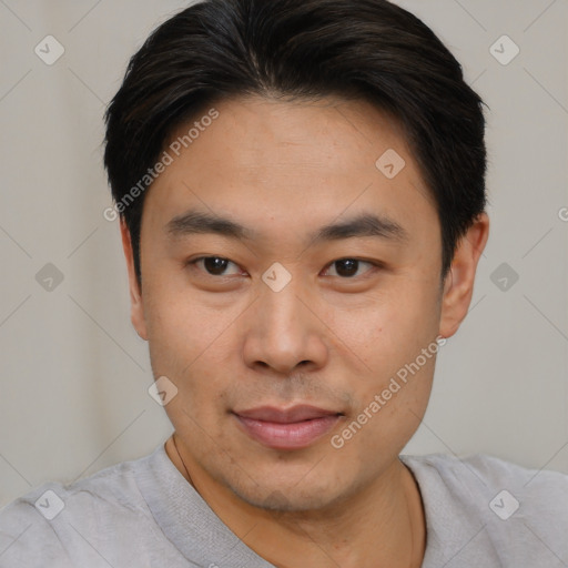 Neutral asian young-adult male with short  black hair and brown eyes