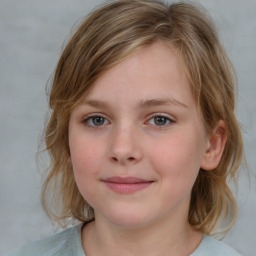 Joyful white child female with medium  brown hair and blue eyes