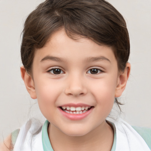 Joyful white child female with medium  brown hair and brown eyes