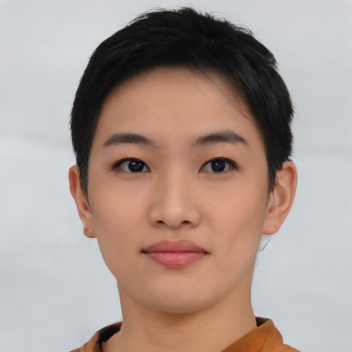 Neutral asian young-adult female with short  black hair and brown eyes