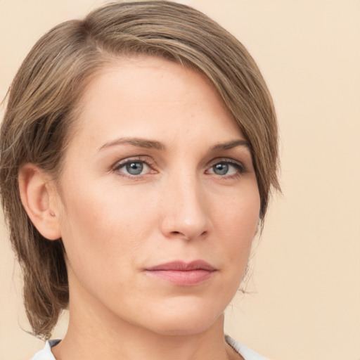 Neutral white young-adult female with medium  brown hair and grey eyes