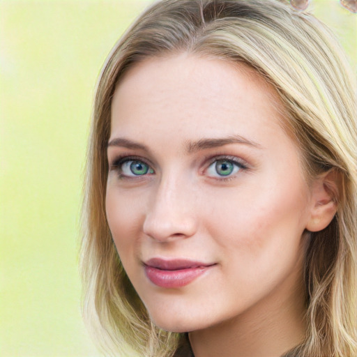 Joyful white young-adult female with long  brown hair and blue eyes