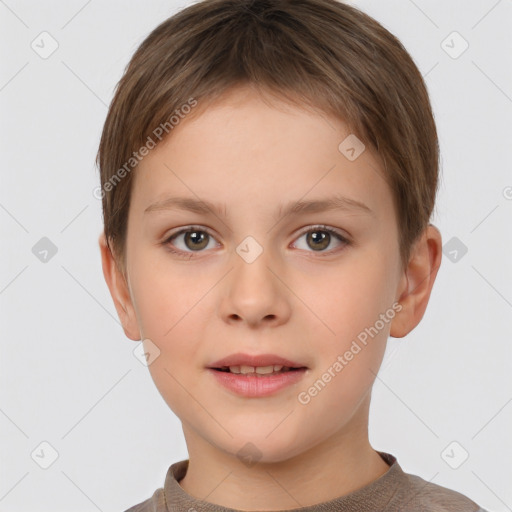 Joyful white child female with short  brown hair and brown eyes