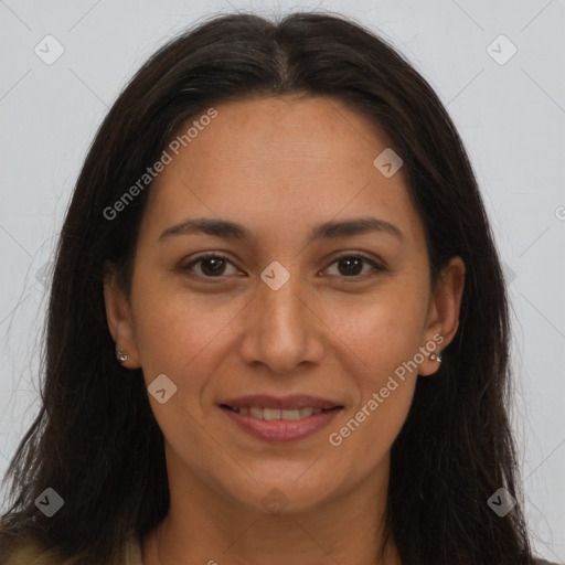 Joyful latino young-adult female with long  brown hair and brown eyes