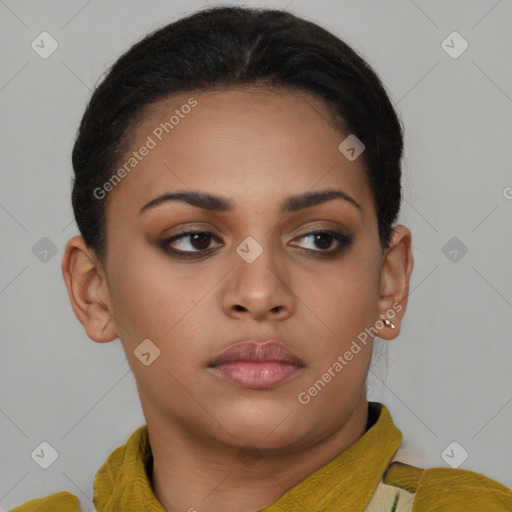 Neutral black young-adult female with short  brown hair and brown eyes