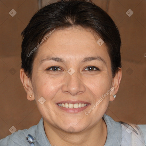 Joyful white adult female with medium  brown hair and brown eyes